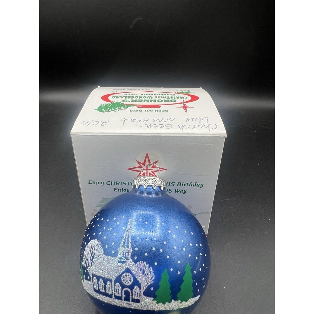 Bronner’s Christmas Wonderland Church Scene Blue Glass Ornament Hungary Boxed